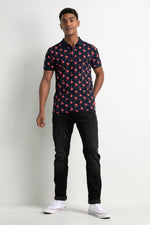 Men's navy blue all-over palm print polo shirt - Image n°3