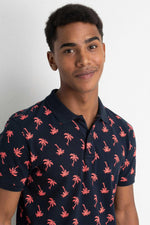 Men's navy blue all-over palm print polo shirt - Image n°4