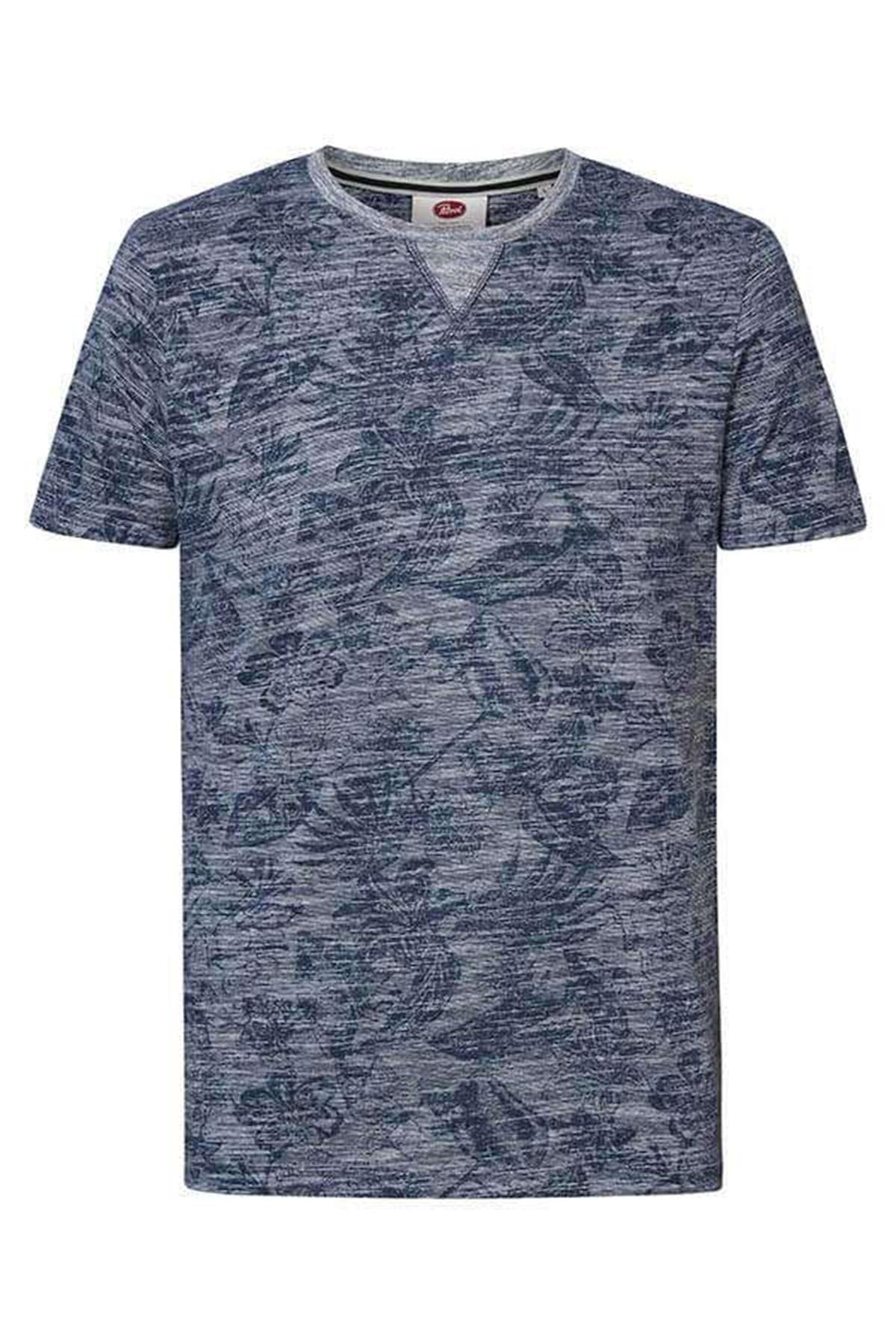 Blue round-neck floral print t-shirt - Image n°1