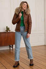 Elegant down jacket in brown leather and natural fur collar - Image n°2