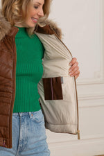 Elegant down jacket in brown leather and natural fur collar - Image n°4