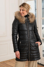 Long down jacket in very dark blue leather - Image n°7