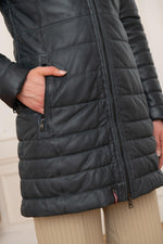 Women's long down jacket in navy blue leather - Image n°9