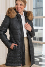 Women's long down jacket in navy blue leather - Image n°1