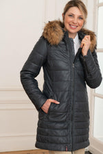 Women's long down jacket in navy blue leather - Image n°4