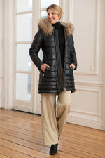 Long down jacket in very dark blue leather - Image n°2