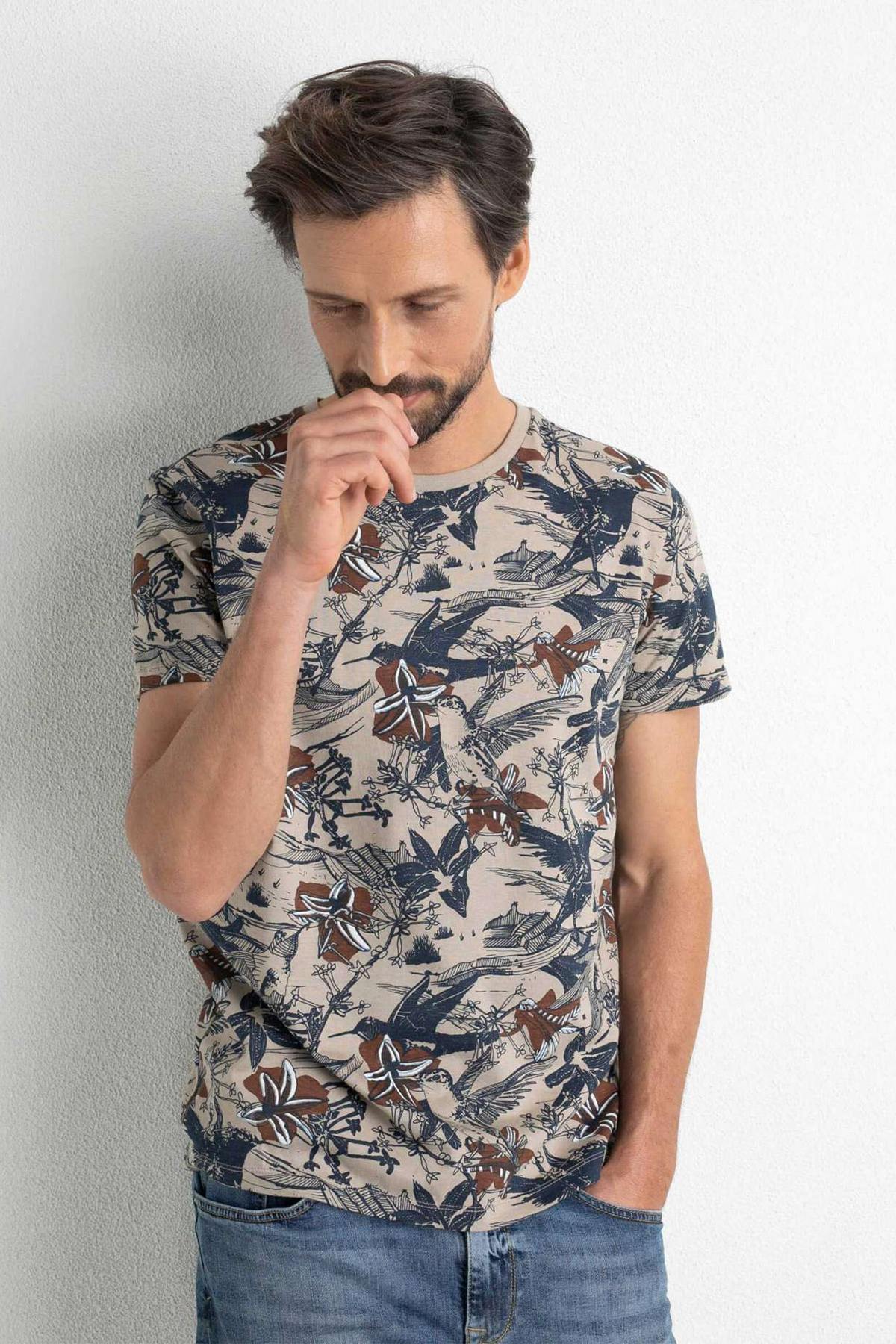 Beige bird print t-shirt - Image n°1