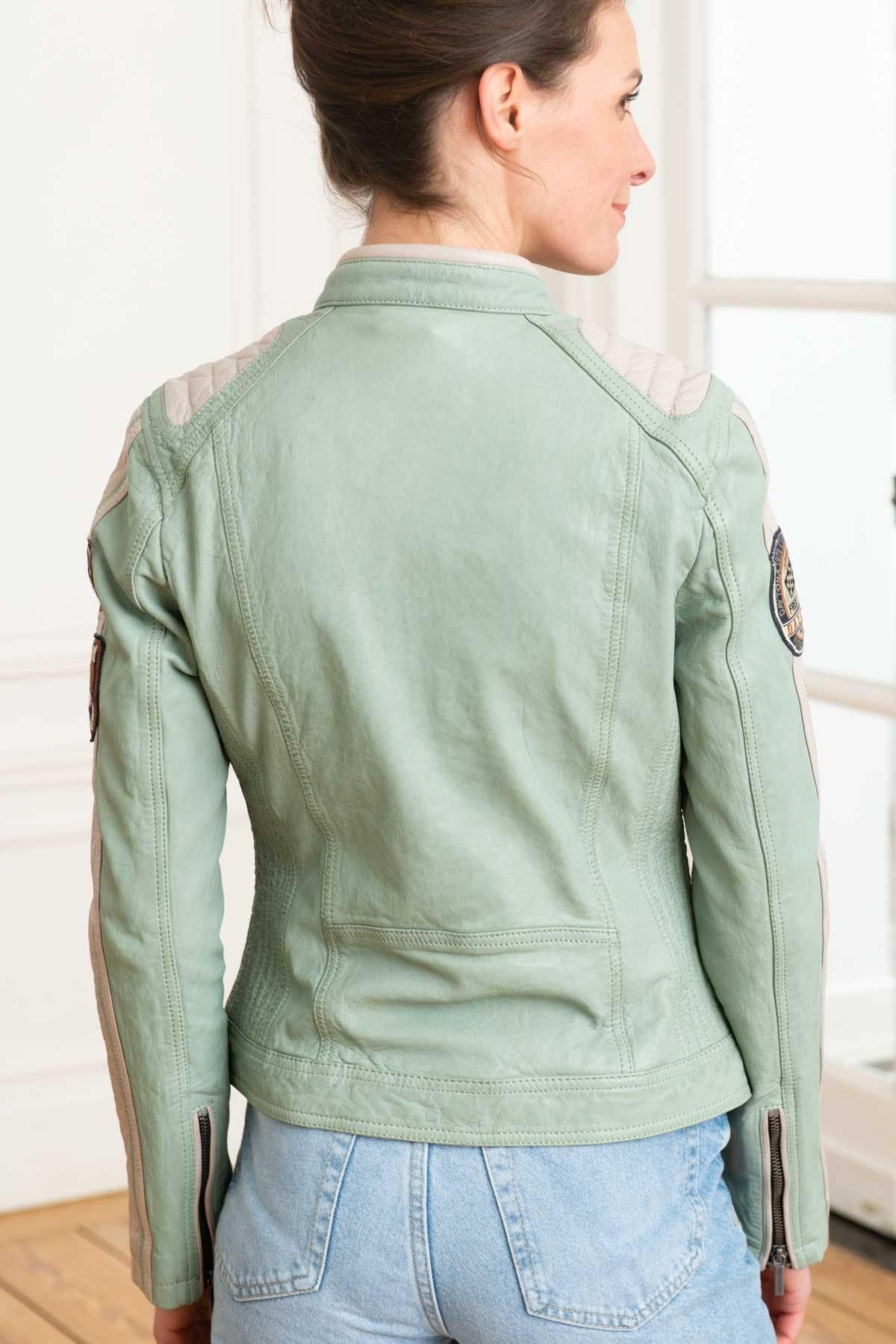 Women's blue/jade green leather jacket with biker collar - Image n°5