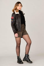 Women's leather bomber jacket with patches - Image n°3