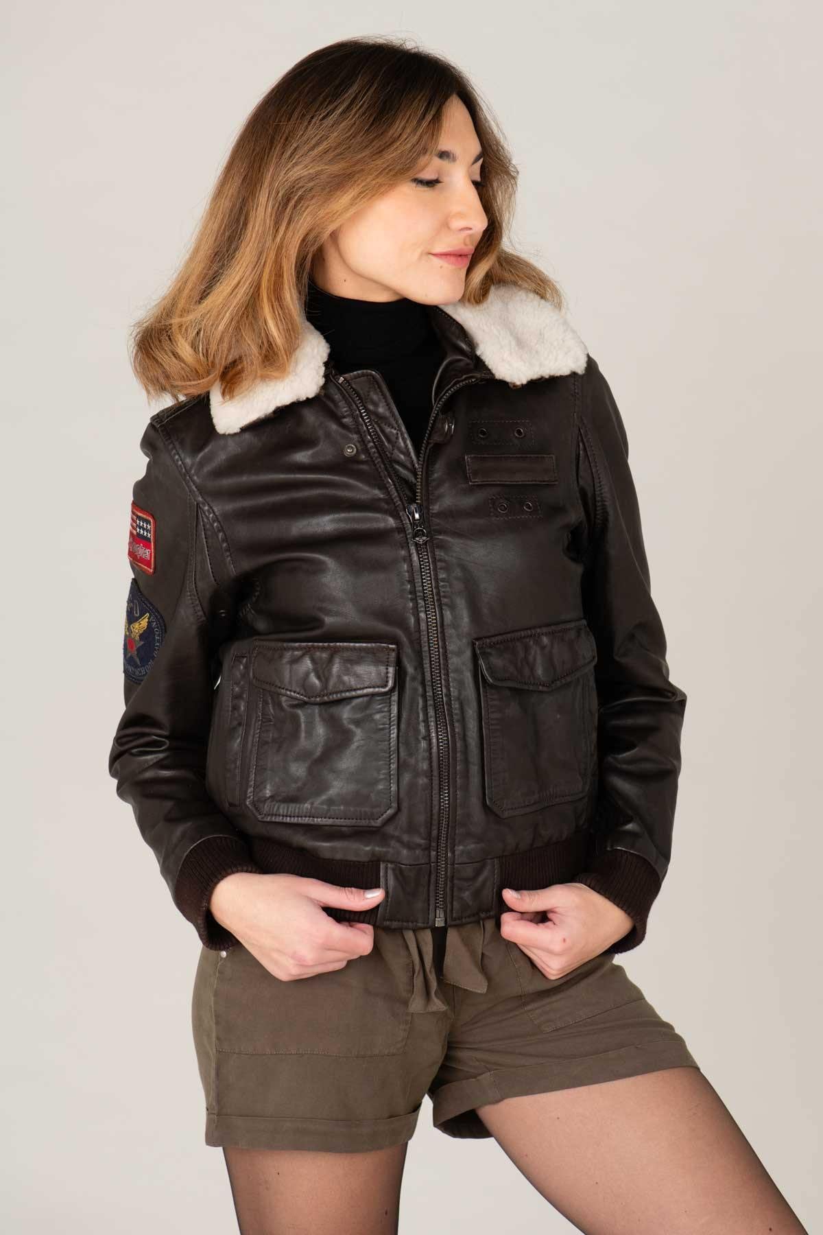 Women's leather bomber jacket with patches - Image n°4